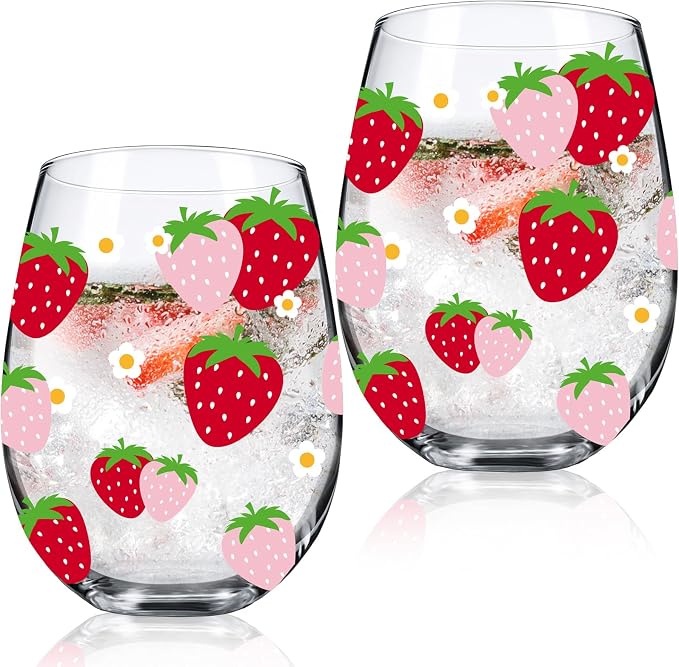 Sliner 2 Pack 17oz Strawberry Stemless Wine Glasses for Women Strawberry Cups Colorful Conversation Drinking Glass for Gift Birthday Party Supplies Graduation Gifts Theme Events