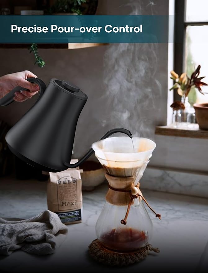 INTASTING Gooseneck Electric Kettle with ±1℉ Temperature Control 0.9 Liter | 1500W Quick Heating, Stainless Steel Inner, Pour Over Coffee & Tea, Keep Warm, Auto Shut-Off, Built-in Brew Timer, Black