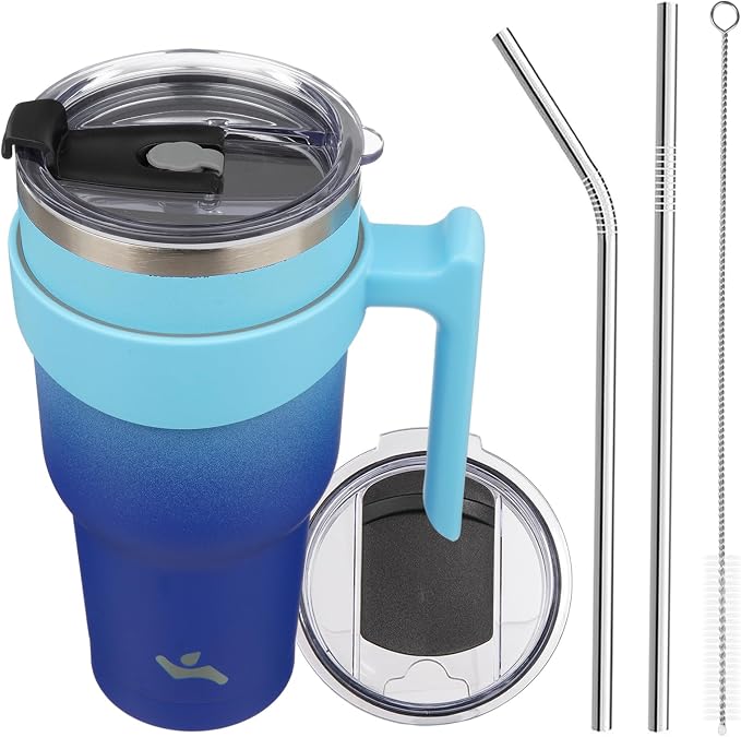 Konokyo 40 oz Tumbler with Handle and Straw, Insulated Travel Mug | Sky; BPA-free, leak-proof tumbler with 2 lids, 2 straws, cup holder fit for coffee, office, travel & daily use