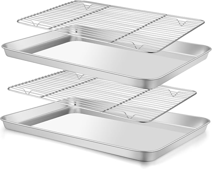 E-far Baking Sheet with Wire Rack, Stainless Steel 2 Pans + 2 Racks | 16 x 12 Inch Cookie Sheets Pan & Cooling Rack for Baking Cookies/Jelly Rolls, Non Toxic & Heavy Duty, Oven & Dishwasher Safe