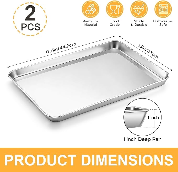 Onader Baking Sheet Pans, 18 x 13 Inch Cookie Sheet for Baking, Set of 2 | Stainless Steel Baking Trays, Large Sheet Pans for Roasting and Cooking, Non-Toxic Half Sheet Pans, Dishwasher Safe