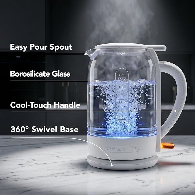 OVENTE 1.5L Glass Electric Kettle Water Boiler, White KG516W | 1500W Fast Boiling, Easy Fill Lid, Stainless Steel Filter, LED Indicator, Auto Shut-Off, Boil-Dry Protection, 360° Base