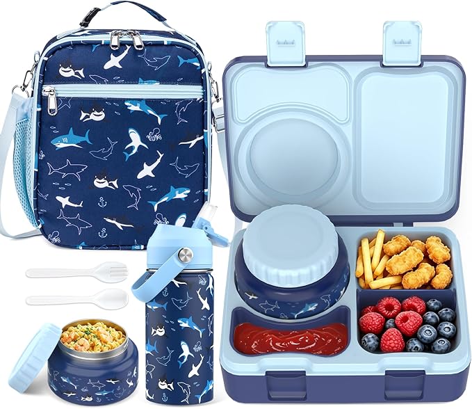 Bento Lunch Box for Kids Adult, Leakproof 3-4 Compartment Bento Box Set with Insulated Food Jar,Water Bottle, Lunch Bag, School Lunch Container for Toddler Teen Girls Boys Ages 3+(Shark)