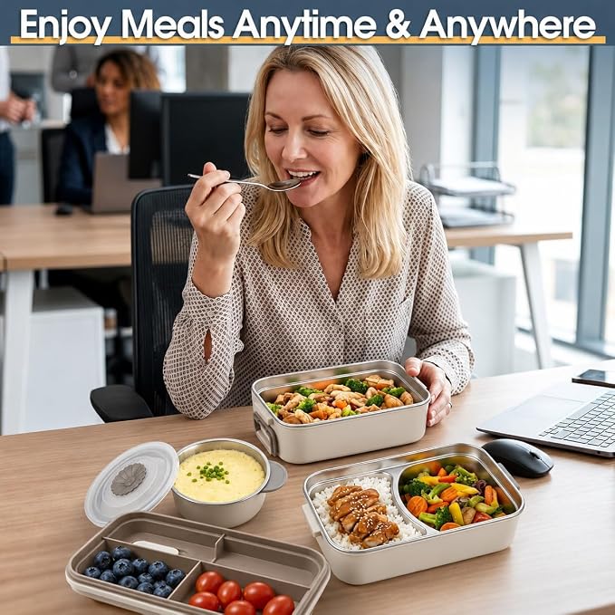 Kabbas 18/8 Stainless Steel Bento Box for Kids & Women – 66 Oz Leakproof Lunch Containers for Adults, 2Layers Stackable Metal Lunch Box with Cutlery & Insulated Bag – Ideal for Work, School, Picnic