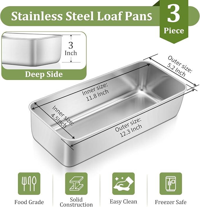 TeamFar Loaf Pan, 12 x 5 Inch Stainless Steel Loaf Pans for Baking Bread | 3 Pack Large Bread Loaf Baking Pan for Homemade Bread, Meatloaf, Cake, Brownies, Non-Toxic, Heavy-duty, Oven& Dishwasher Safe