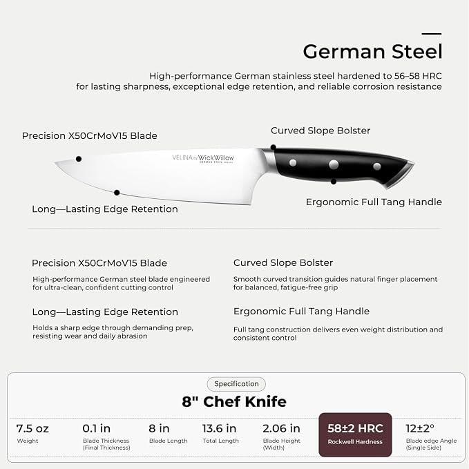 WICKWILLOW 8” Chef Knife – Ultra Sharp German Steel, Ergonomic Handle | Effortless slicing, dicing and chopping with balanced control and lasting sharpness. Gift-Ready.