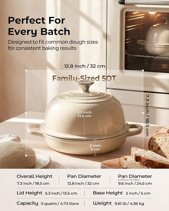 5QT Enameled Cast Iron Sourdough Bread Oven for Homemade, White | Tight-fitting Dome Lid, Shallow Base Supports Easier Loading & Crisp Sourdough Crusts, Gifts for Sourdough Bakers