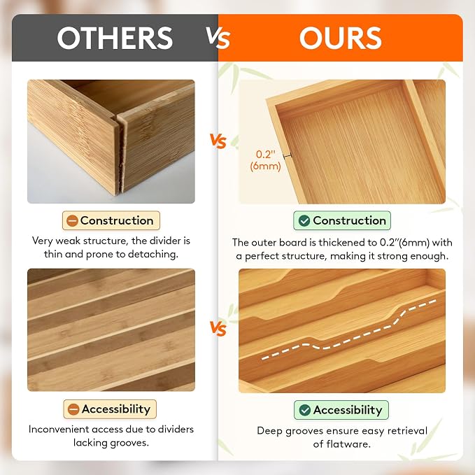 Lifewit Utensil Drawer Organizer, Expandable Kitchen Tool Tray | Wood Adjustable Flatware and Spatula Storage Divider, 11-19.7 x 17 x 1.8“, Natural