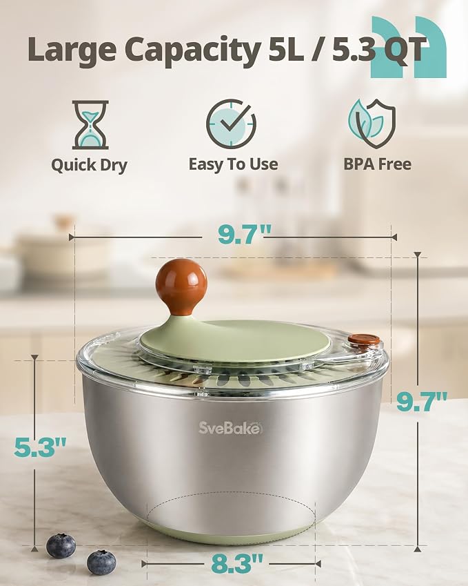 Stainless Steel Salad Spinner with Storage Lid, 5.3 Qt, BPA-Free | Quick Dry 4-in-1 Multi-Functional Lettuce Spinner, Drain, Stop Button, Fruit & Vegetable Washer, Non-Slip Base, Easy Clean