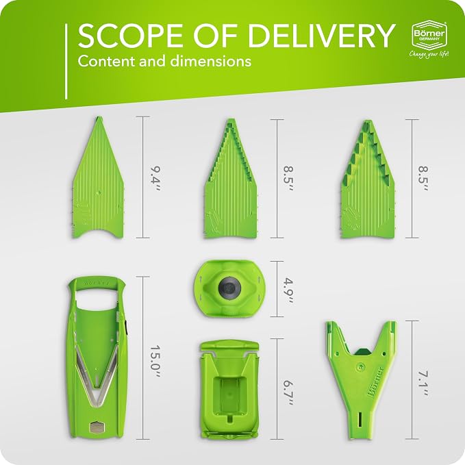 Börner Mandoline Slicer V5 (Professional Set) • Adjustable Vegetable Slicer (7-piece) • 10 Cutting Styles • Kitchen Slicer incl. Docking Station • Stainless Steel V-Blade • Color: Green