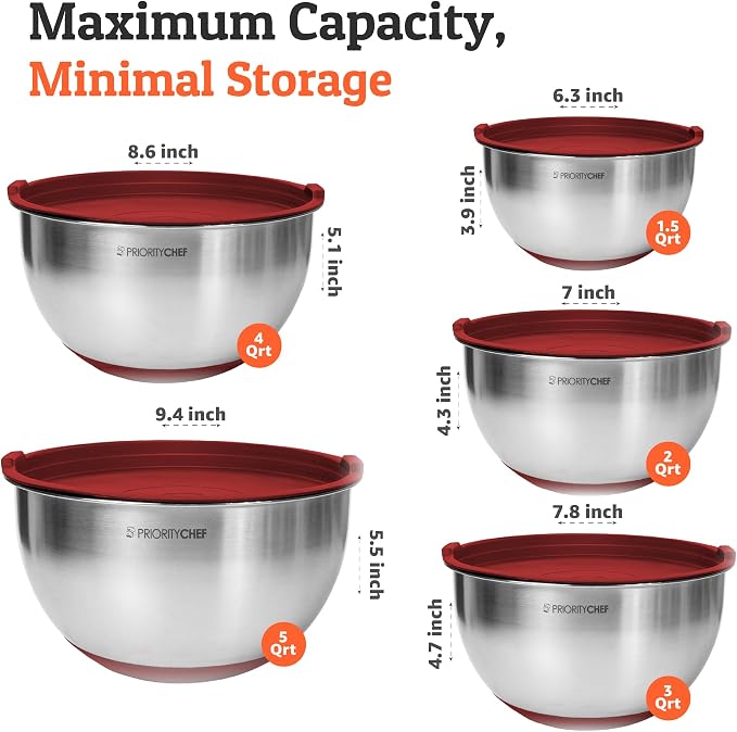 Premium Mixing Bowls With Airtight Lids Set, Thicker Stainless Steel Mixing Bowl Set, Large Prep Metal Bowls with Lids, Nesting Bowls for Kitchen, 1.5/2/3/4/5 Qrt, Red
