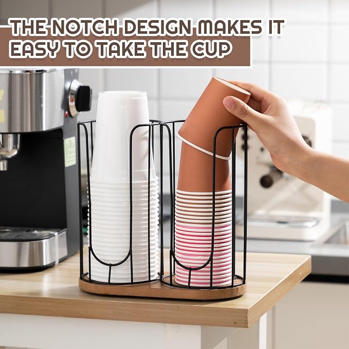 18oz Adjustable Coffee Cup Dispenser with Wooden Base, Cup and Lid Holder, Cups Holder Organizer for Coffee Pod Straw and Lid Storage(2-Compartment Single,Color 1)