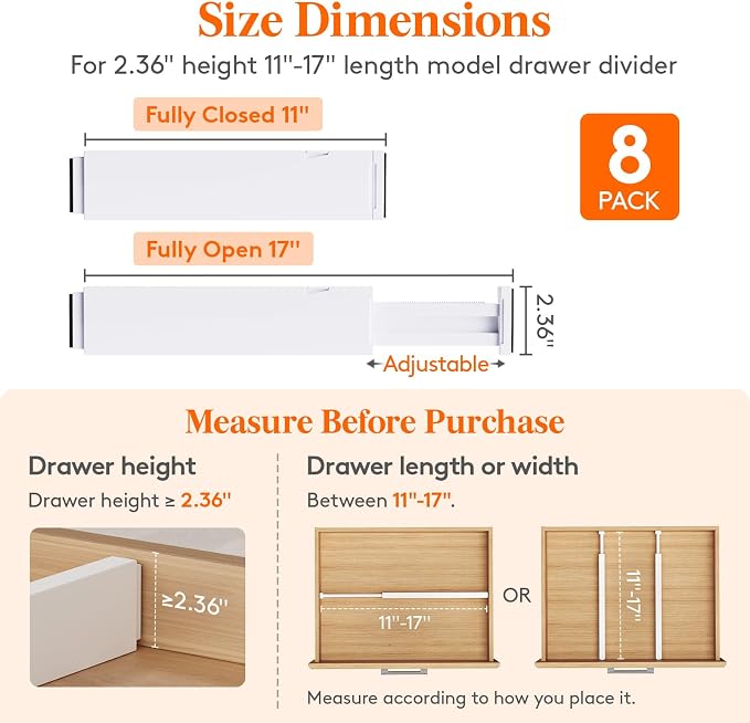 Lifewit 2.36" Upgrade Kitchen Drawer Dividers, Adjustable Drawer Organizer | 11"-17" Expandable White Drawer Separator for Clothes/Utensils, Dresser/Cabinet/Closet/Nursery Organization & Storage, 8 Pack