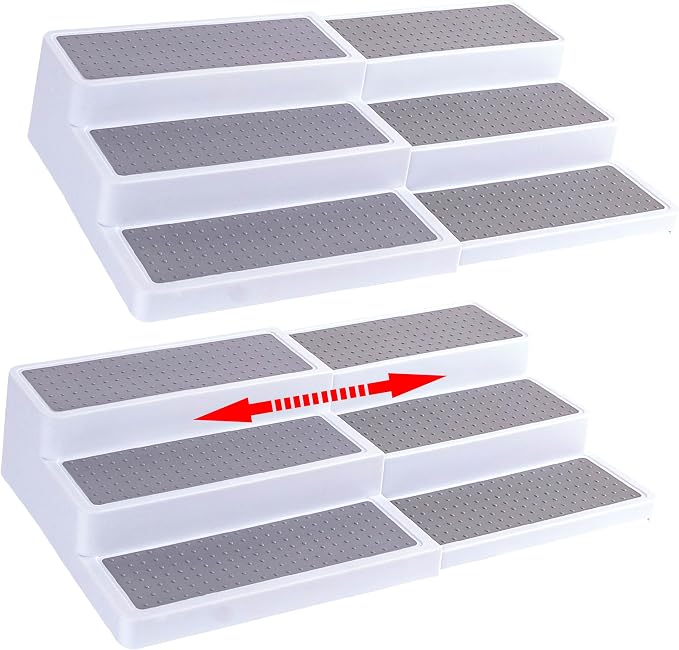 Oizeir Plastic 3-Tier Expandable Spice Rack, Adjustable Length, Stability with Non-Skid Shelf, For Easy Visibility, Organizer for Kitchen Cabinet, Pantry or Countertop, (2-Pack), White/Grey | Expandable Plastic Spice Rack Organizer, Adjustable Length 3...