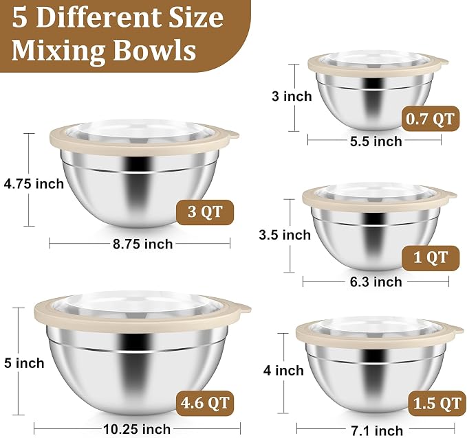 P&P CHEF Metal Mixing Bowls with Lids Set, Visible Airtight Lids & Khaki | 5 PCS Stainless Steel Mixing Nesting Bowls for Kitchen Prepping, Storing, Healthy & Easy Clean, Size 4.6, 3, 1.5, 1, 0.7 QT