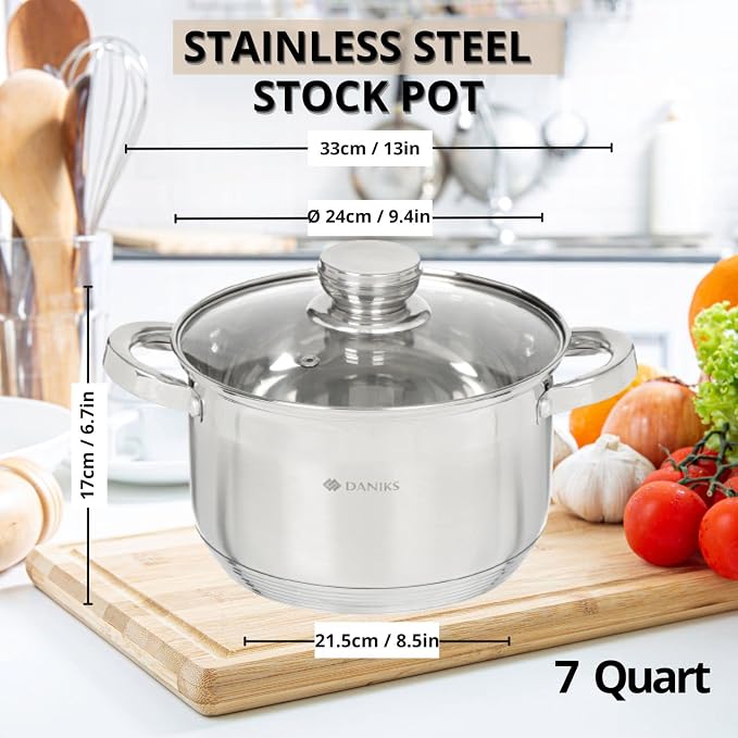 Daniks Standard 7 Quart Stainless Steel Stock Pot with Glass Lid, Tri-Ply Bottom for Even Heating, Induction Compatible, Dishwasher Safe, Built-In Measuring Scale, Silver
