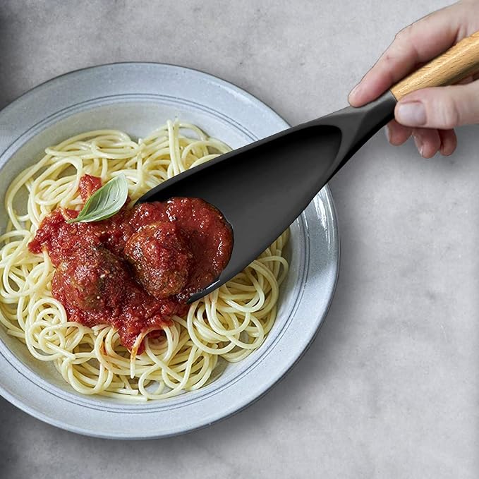 Cooking Spoon for Nonstick Cookingwares, Silicone Spatula Spoon for Mixing, Scoop, and Scrape, (Black-2 pack, 11.4'')
