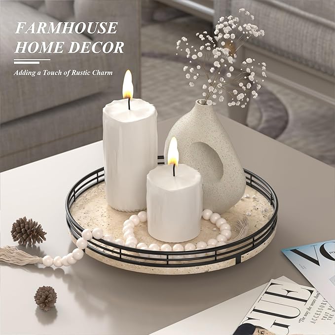 AMH 10-Inch Italian Travertine Lazy Susan with Black Metal Frame | Smooth rotating oak tray with walnut finish for dining tables, kitchen counters, pantries and cabinet storage.