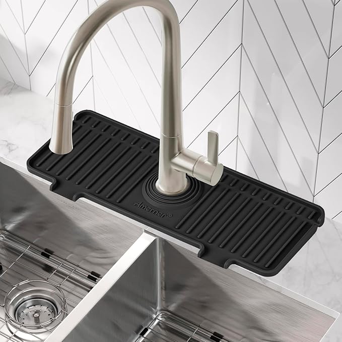Amerner Kitchen Sink Splash Guard, 10° Large Slope & Adaptable Hole Faucet Mat for Kitchen Sink, Silicone Sink Organizer Sponge Holder for Kitchen, Bathroom, RV, Bar, 14.2” x 5.1”, Black