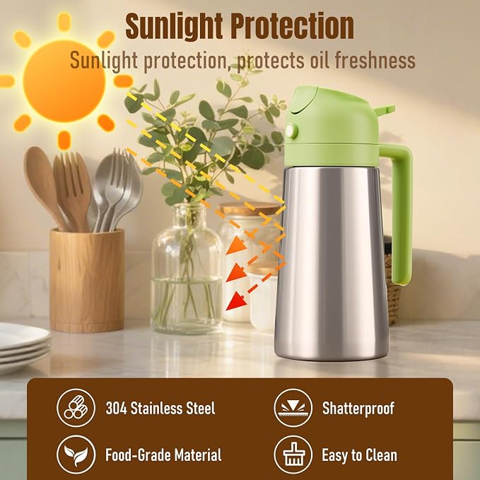 PARACITY Oil Sprayer and Pourer, 16 fl oz Stainless Steel Oil Dispenser | 2-in-1 olive oil spray bottle with ceramic-coated interior for daily kitchen cooking, air fryer, BBQ, salads, and baking.