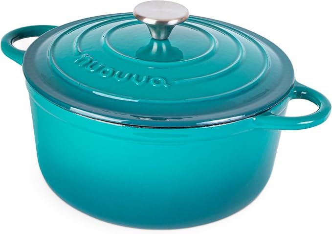 Cast Iron Dutch Oven with Lid - Non-Stick Ovenproof Enamelled Casserole Pot - Sturdy Dutch Oven Cookware - Teal, 5- Quart, 24cm- by Nuovva