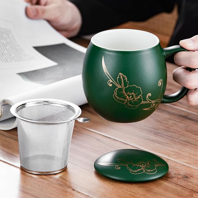 Yundu 12 OZ Ceramic Mug with Lid & Tea Strainer - Matte Green Tea Cup with Golden Flower, Stainless Steel Infuser for Loose Leaf Tea