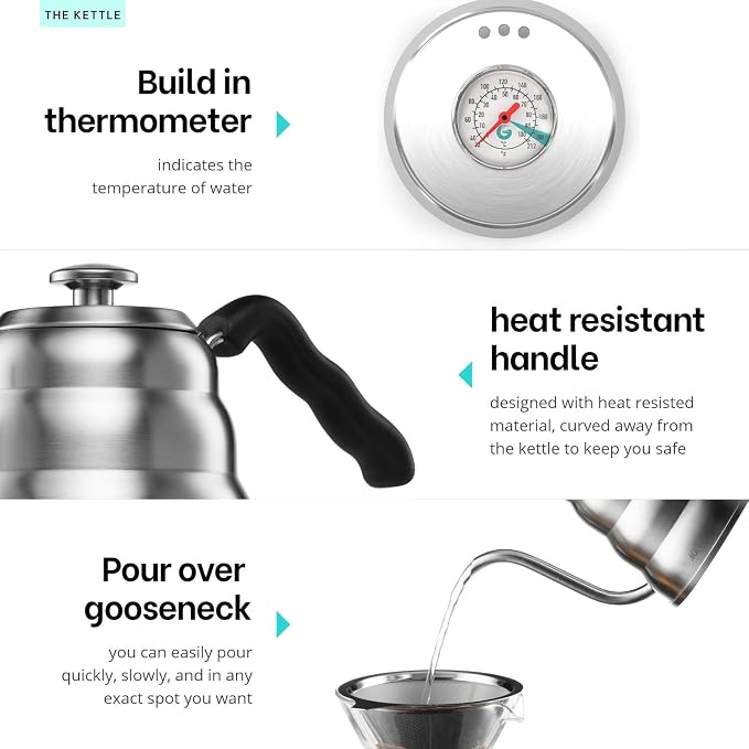 Pour Over Coffee Maker Set | Kit Includes 40 OZ Gooseneck Kettle with Thermometer, Coffee Mill Grinder & 20 OZ Coffee Dripper Brewer | Great Replacement for Coffee Machines