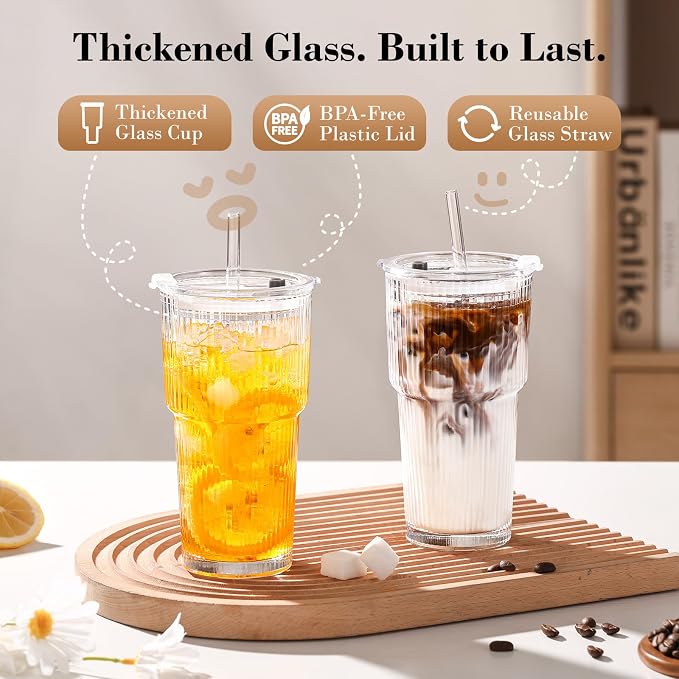 20oz Iced Coffee Cups with Lids, Ribbed Glass Cups with Lids and Straws | Thick Reusable Glass, Leak-Resistant Lids, Fits Most Car Cup Holders, For Iced Coffee, Tea, Smoothies and Cold Drinks