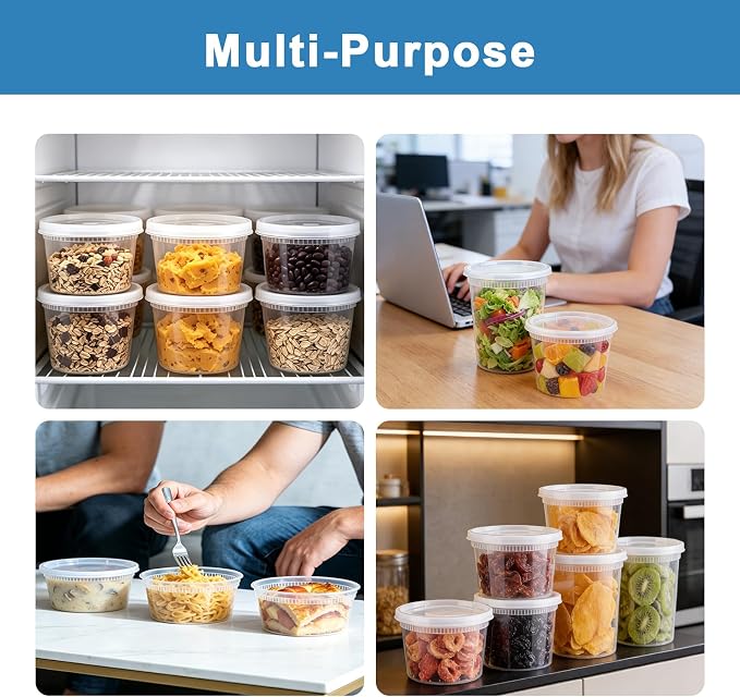 60 Sets Deli Containers With Lids, 8/16/32 oz Quart Containers | BPA Free, Airtight Plastic Food Storage Container, Stackable Leakproof Microwave & Freezer Safe for Soup, Sauce & Leftover