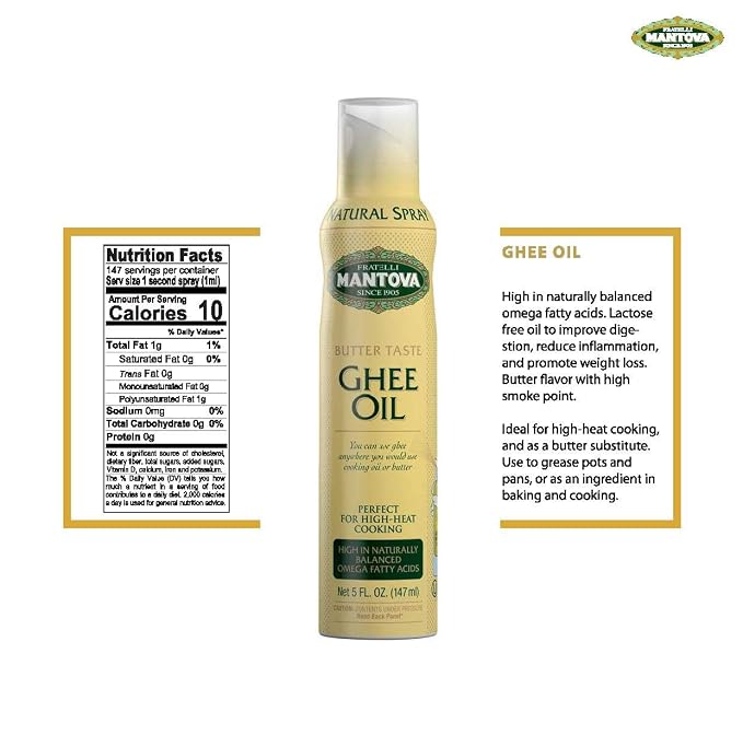 Mantova Ghee Oil, 100% Pure Cooking Oil Spray, Omega-3, perfect for healthy Keto snacks, baking, grilling, or cooking, our oil dispenser bottle lets you spray, drip, or stream with no waste, 5 oz