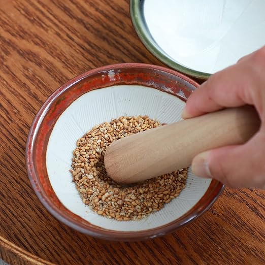 Asayu Japan Ceramic Mortar Bowl 4.29in (109mm) with Wooden Pestle, Made in Japan Dishwasher and Microwave Safe Ripple Ridge Suribachi and Surikogi Set - Red Mortar and Pestle Set