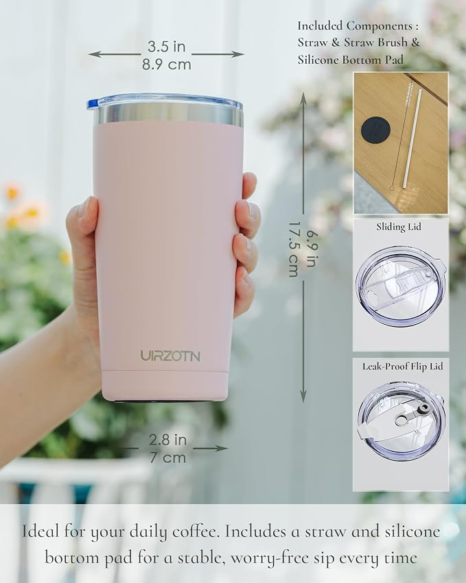 20oz Travel Coffee Tumbler with 2 Lids and Straw, Stainless Steel | Double Wall Vacuum Insulated Tumbler, Coffee Mug for Hot & Cold Drinks, Fits Most Car Cup Holders, Pink
