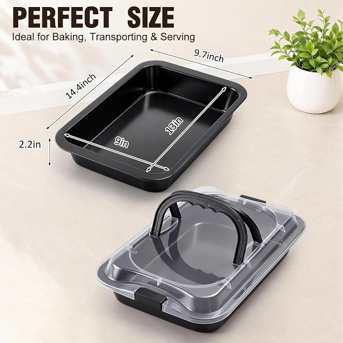 Qinyoung 1 Pcs Black Cake Pan with Lid and Handle, 9 X 13 Inch | Non-stick, Rectangle Sheet Cake Pan, Covered Carrier, Brownie Roasting, Cooking, Baking