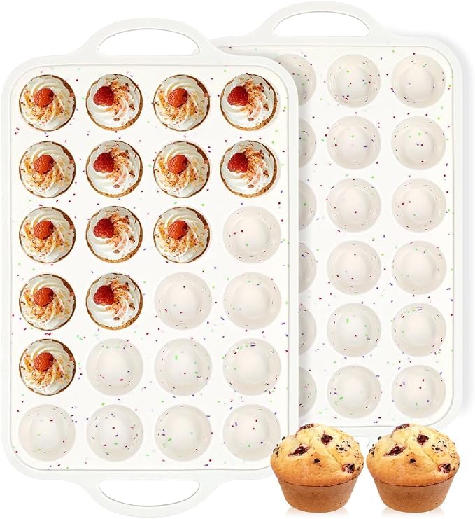 FUNBAKY Silicone Mini Muffin Pan, Metal Reinforced Frame 24 Cups Nonstick Mini Cupcake Pans with Handles Easy to Move for Baking Muffin, Cupcake, Egg Bites Oven Safe, Silicone Molds 2 Pack Confetti