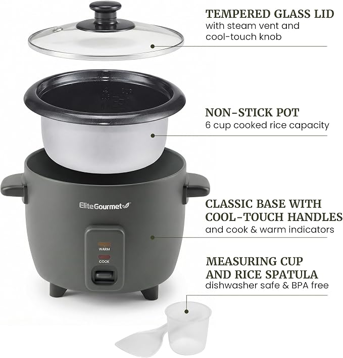 Elite Gourmet ERC6GC Ceramic Rice Cooker, PFAS-Free Non-Stick, Gray | 6-Cup Capacity - Ceralast Coating - Tempered Glass Lid - One-Touch Cooking - Includes BPA-Free Measuring Cup and Spatula