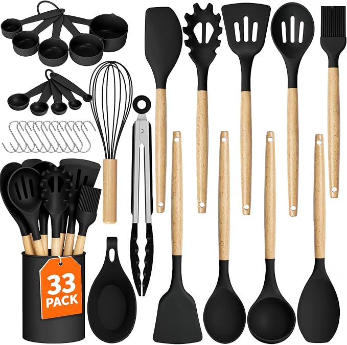 33Pcs Kitchen Utensils Set Silicone Cooking Utensils Set with Wooden Handle | Heat-Resistant, Dishwasher Safe, BPA-Free Silicone Kitchen Utensil Set with Wooden Handles & Holder for Nonstick Cookware