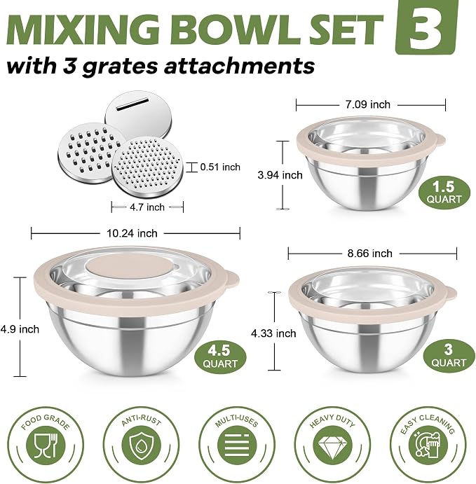 TeamFar Mixing Bowls, 3PCS Stainless Steel Serving Salad Bowls | with Lids & 3 Graters for Kitchen Mixing/Baking/Storing/Prepping, Visible & Airtight, Easy Clean - 4.5/3/1.5 QT, Khaki