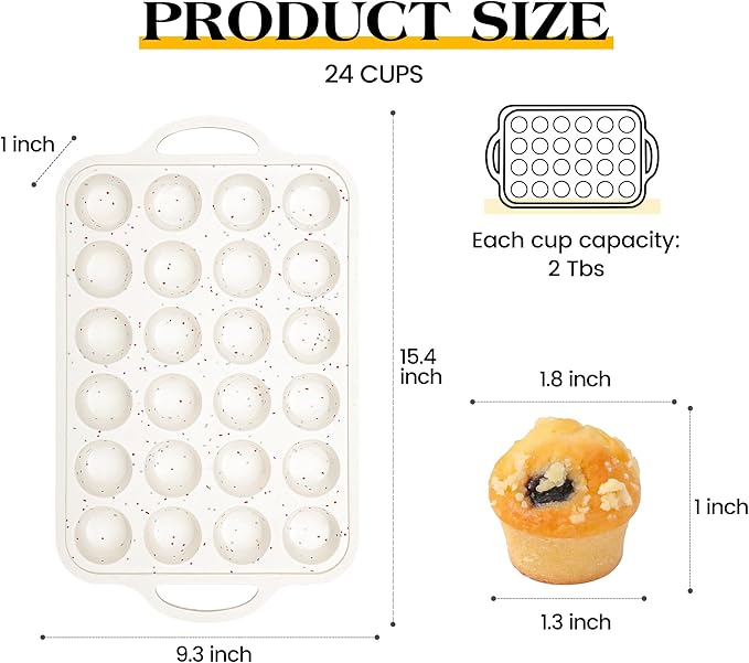 Mini Muffin Pan, 24 Cups, Cream | Metal Reinforced Frame, Nonstick Silicone, Food Grade, With Handles