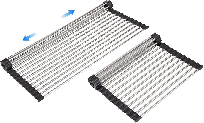 Large Telescopic Drain Rack Roll Up Rack Heat-Resistant Dish Drainer Kitchen Sink Rack Over the Sink Dish Drying Rack Stainless Steel Dish Rack (18 Tube 21.25''x12.79'')