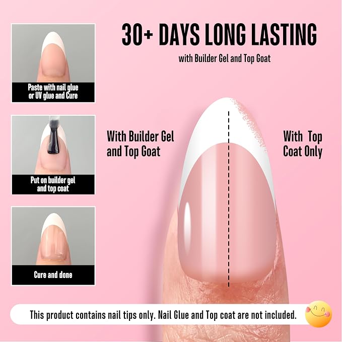 NOVO OVO White French Tip Almond Nail Tips Press on BABY PINK, Extra Thick Medium Soft Gel Fake Nail Acrylic Extension, Need Builder Gel Top Coat, No Glue Included, for Salon DIY x 15 Sizes 240 pcs
