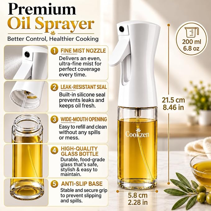 Oil Sprayer for Cooking, 200-ml | Avocado Oil Spray Bottle, Refillable, Reusable Fine Mist Spray Bottle for Air fryer, BBQ, Salad, Baking (white)