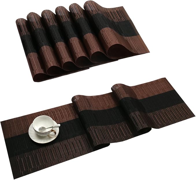 SHACOS Placemats with Table Runner Set of 7 Woven Vinyl Plastic Wipe Clean Heat Resistant Table Mats and Runner Set for Dining Table, Ombre Coffee Black