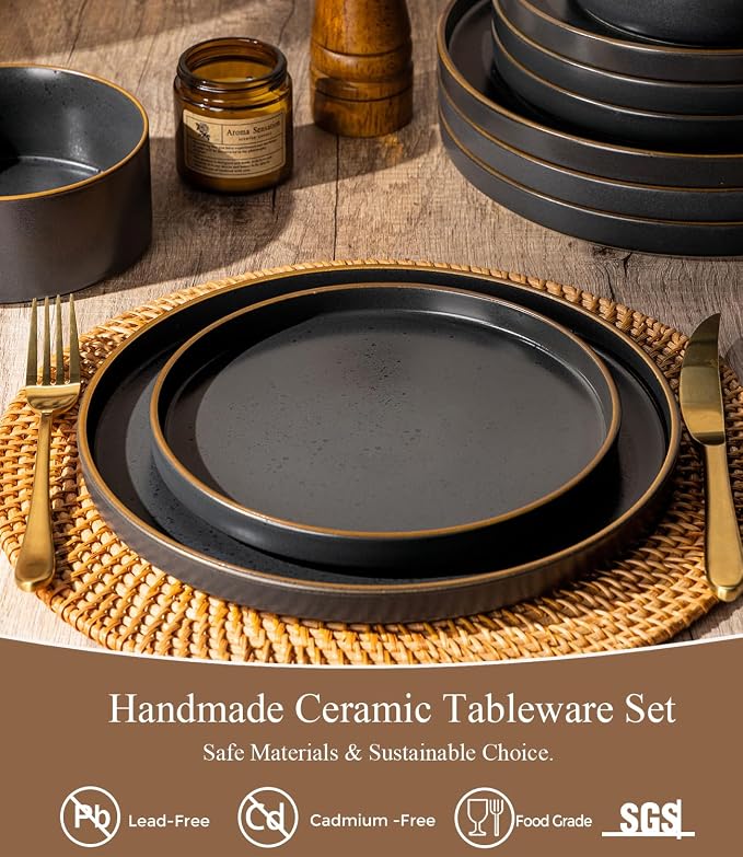 LERATIO Stoneware Dinnerware Sets for 4,12-Piece Matte Plates and Bowls Set | Handmade High Edge Rim Dish Set,Oven & Microwave,Dishwasher Safe,Scratch Resistant-Ashen Gold Rim