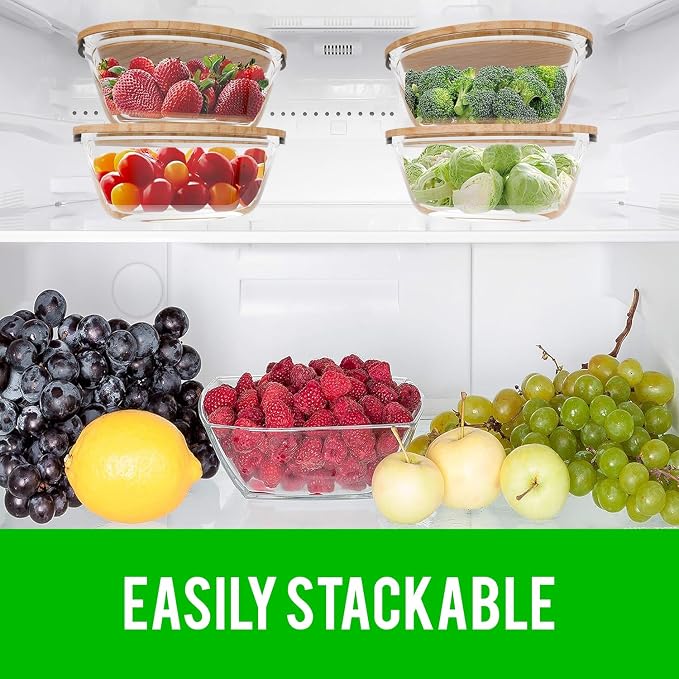Verel Glass Food Storage Containers with Bamboo Lids (4 Pack, 36 Ounce) Eco Friendly Meal Prep Containers Airtight – Plastic Free, BPA Free (32 oz Round (4 Pack))