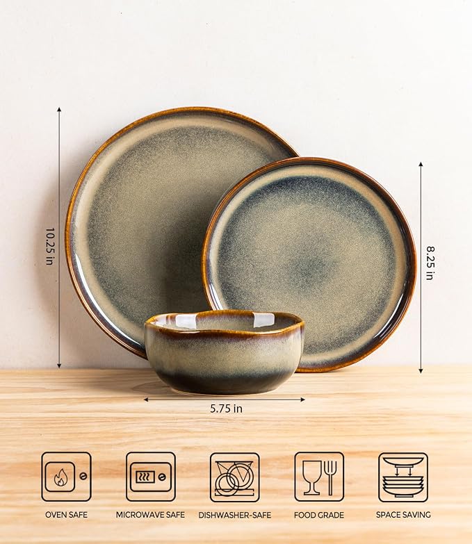 Ceramic Dinnerware Set for 4, 12-Piece Plates and Bowls Set | Handmade Reactive Glaze Dish Set, Scratch Resistant, Oven & Microwave & Dishwasher Safe, Coffee Bean