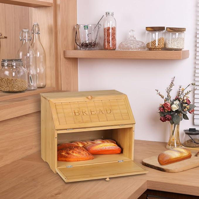 HOMEKOKO Vintage Double Layer Large Bread Box, Retro Design, Natural Bamboo | Keeps Bread Fresh 3-4 Days, 2-Tier Capacity Fits 2+ Loaves,Suitable For Farmhouse/Rustic Kitchens Use, Retro Design