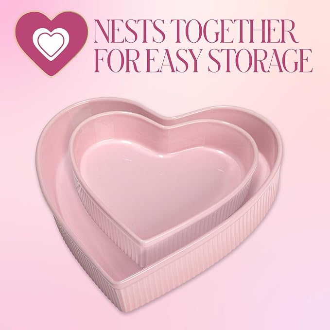 Paris Hilton Heart-Shaped Pie Dish Set, Finely Crafted 8-Inch and 10-Inch Stoneware Baking Dishes with Elegant Fluted Exterior, Nesting Design, Oven Safe up to 450°F, 2-Piece, Pink