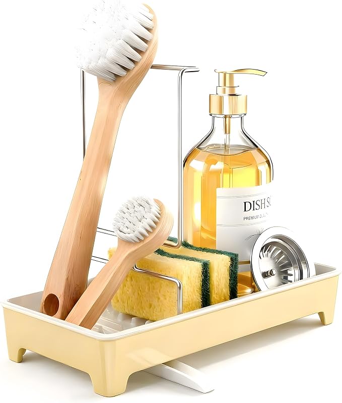 Minimalist Sink Caddy, Rustproof Sponge Holder for Kitchen Sink Yellow | Large Rustproof countertop organizer with 304 stainless steel brush holder, raised ridges and silicone drain tube