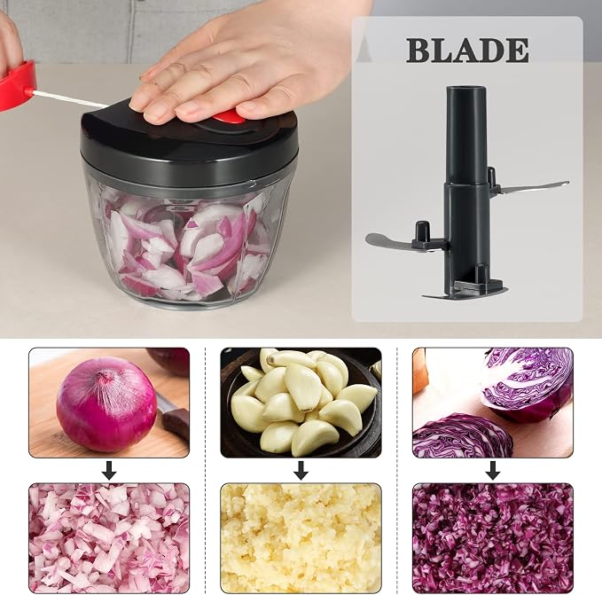 Cambom Manual Food Chopper Vegetable Cutter, Hand String Vegetable Chopper Onions Cutter for Vegetable Fruits Nuts BPA Free Food Safe Material, 650ml Black