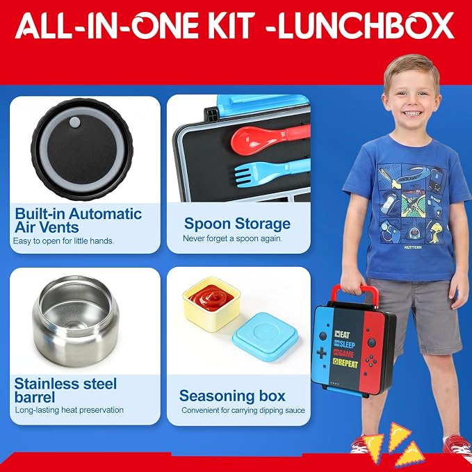 Bento Lunch Box for boys,60 OZ Insulated Bento Lunch Box with 8OZ Leakproof Leak Proof Thermos Food Jar, 3-4 Compartments Bento Box for School, BPA-Free Dishwasher Safe (Red Blue-Game)